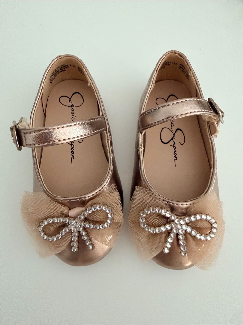 Jessica Simpson Rose Gold Mary Jane Shoes with Rhinestone Bow